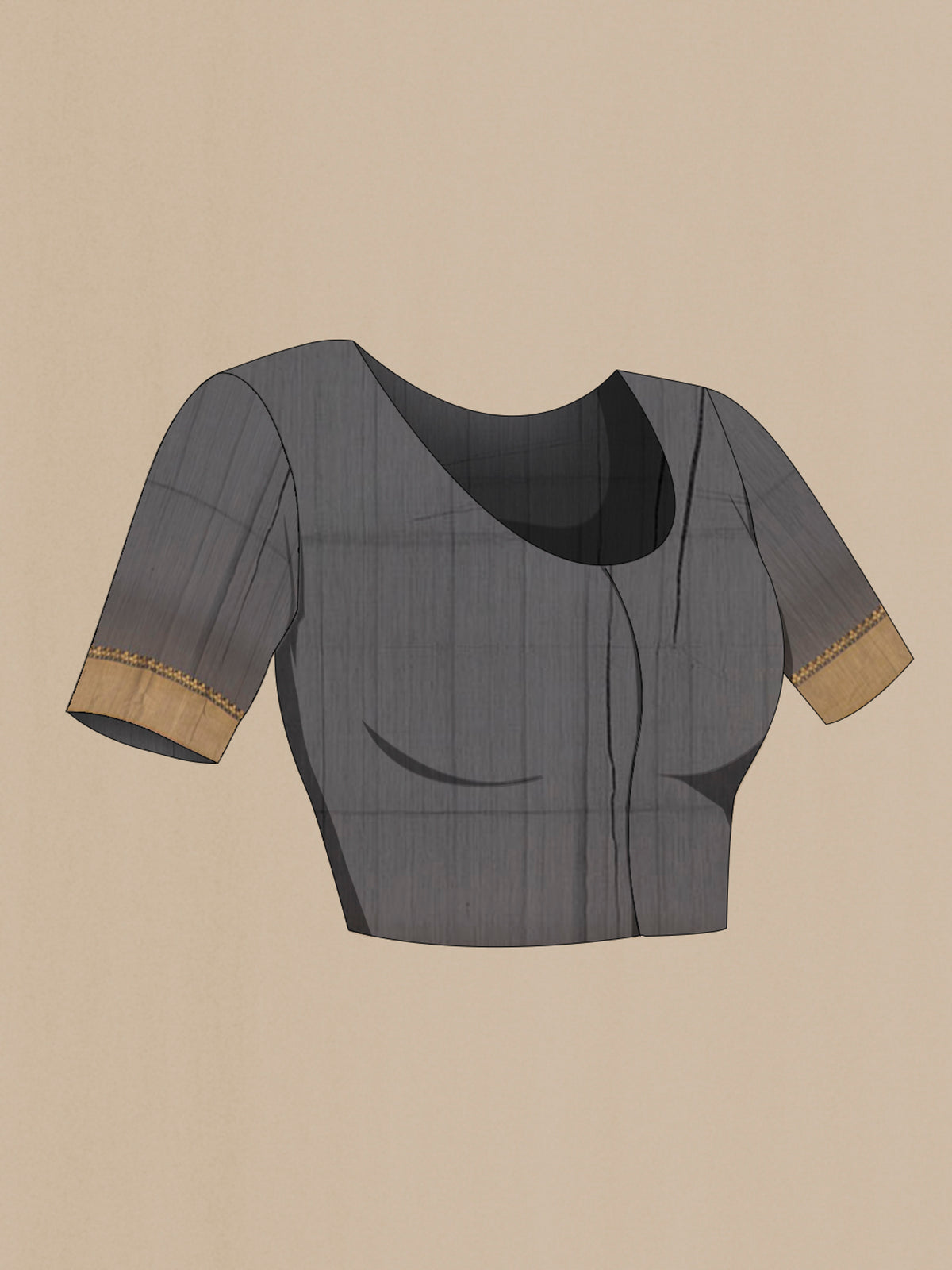 Close up image of the blouse of Black Blended Kora Cotton Saree with Zari Butta on the body and Zari Border. 