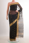 Black Blended Kora Cotton Saree with Zari Butta on the body and Zari Border.  displayed on a mannequin