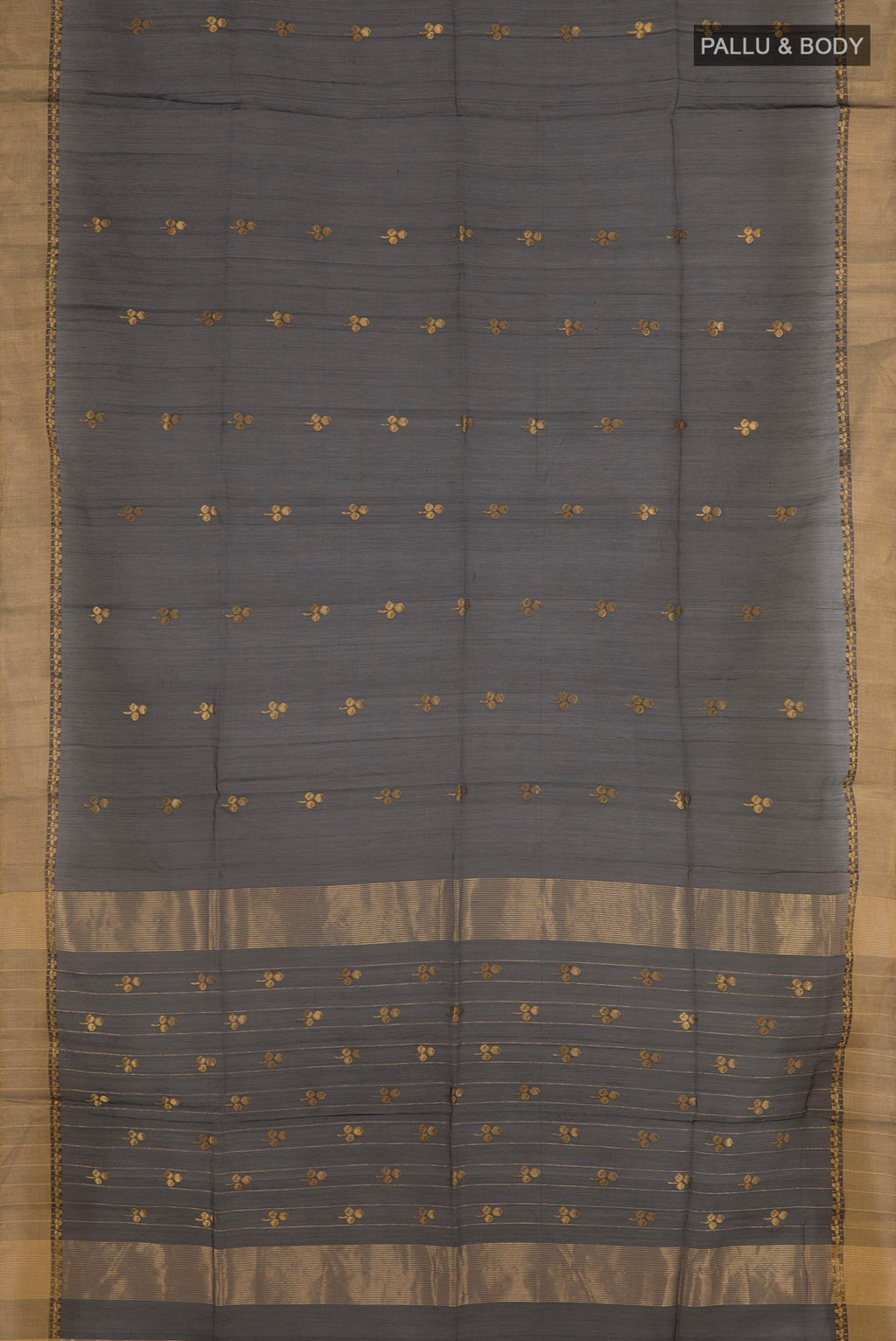 Flat view of Black Blended Kora Cotton Saree with Zari Butta on the body and Zari Border. 