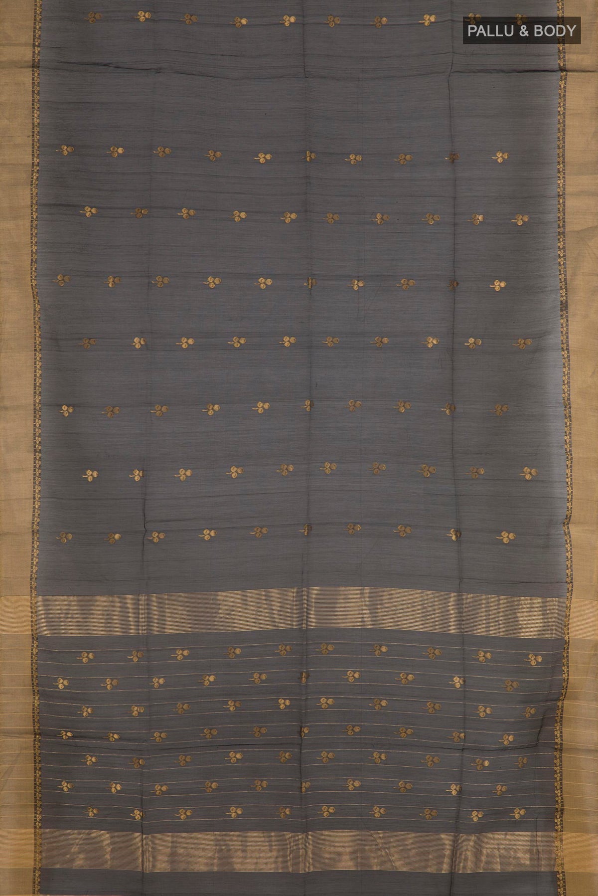 Flat view of Black Blended Kora Cotton Saree with Zari Butta on the body and Zari Border. 