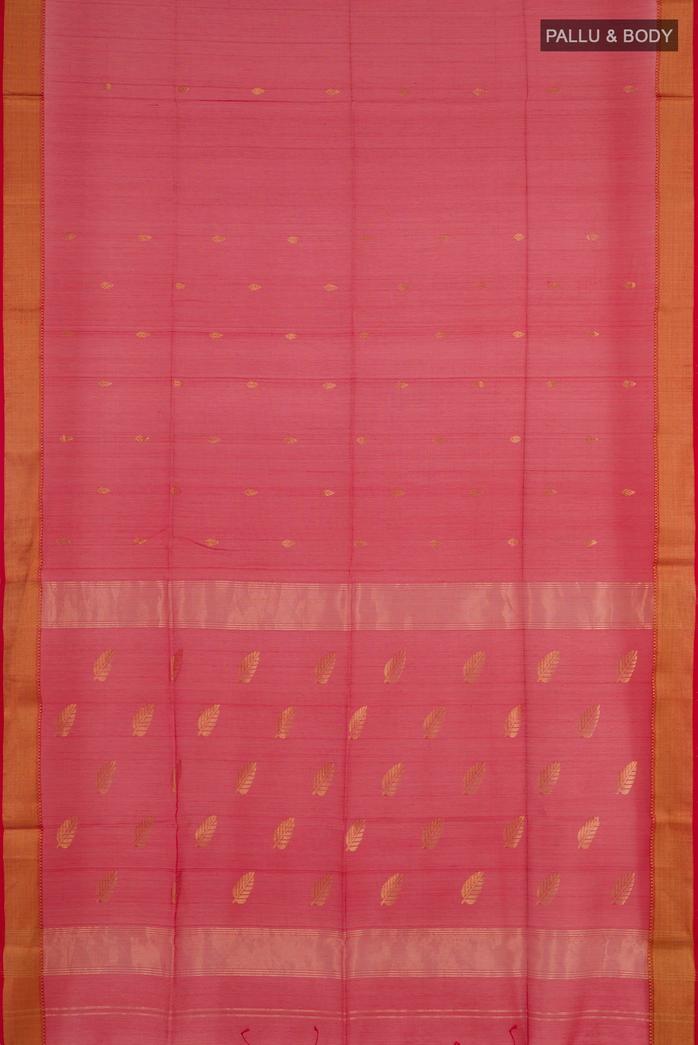 Flat view of Red Blended Kora Cotton Saree with Zari Butta on the body and Zari Border. 
