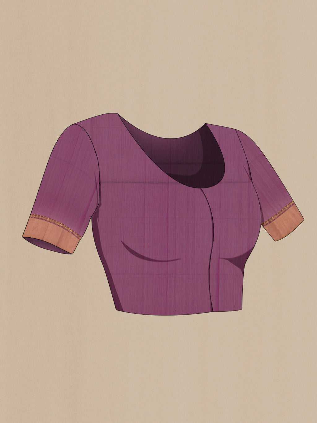 Close up image of the blouse of Purple Blended Kora Cotton Saree with Zari Butta on the body and Zari Border. 