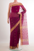 Purple Blended Kora Cotton Saree with Zari Butta on the body and Zari Border.  displayed on a mannequin
