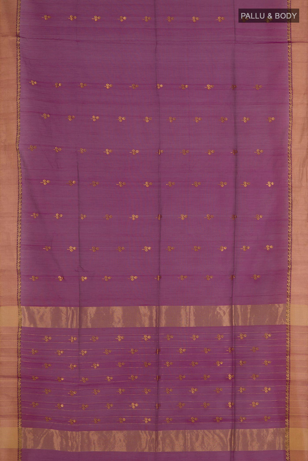 Flat view of Purple Blended Kora Cotton Saree with Zari Butta on the body and Zari Border. 