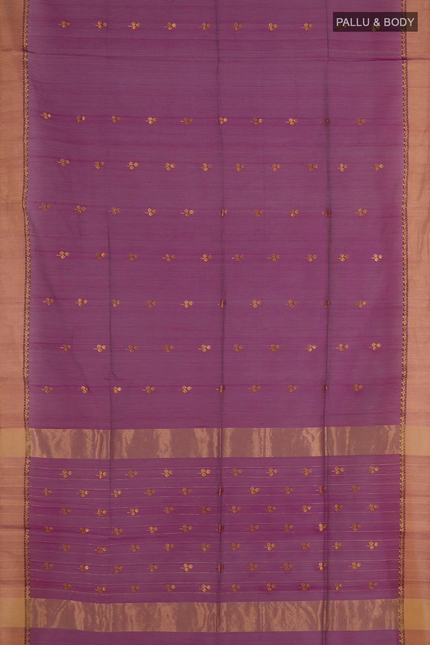 Flat view of Purple Blended Kora Cotton Saree with Zari Butta on the body and Zari Border. 