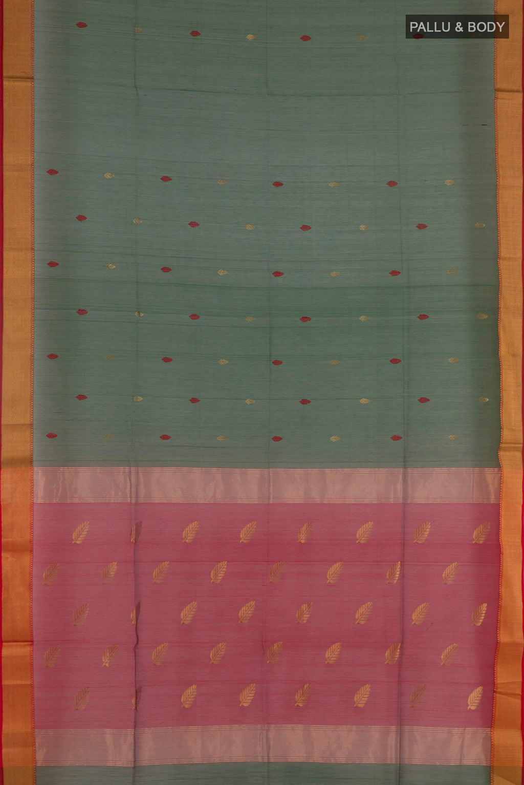 Flat view of Green Blended Kora Cotton Saree with Zari And Thread Butta on the body and Zari Border. 