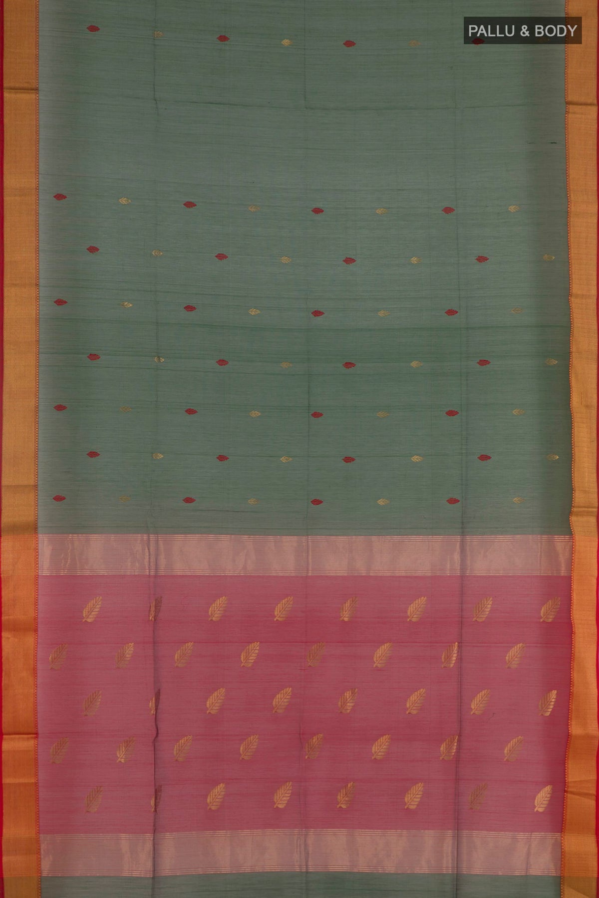 Flat view of Green Blended Kora Cotton Saree with Zari And Thread Butta on the body and Zari Border. 