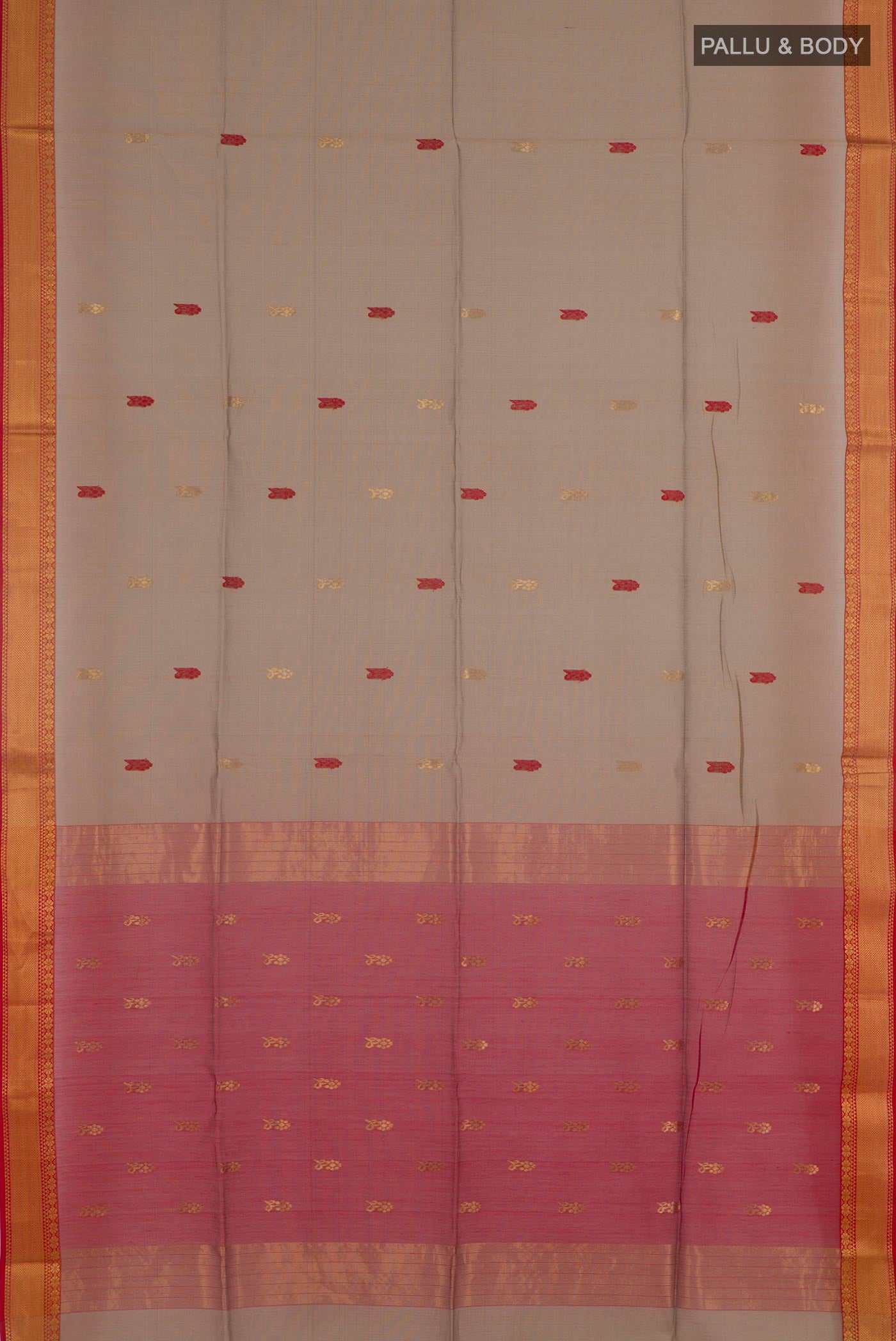 Flat view of Beige Blended Kora Cotton Saree with Zari And Thread Butta on the body and Zari Border. 