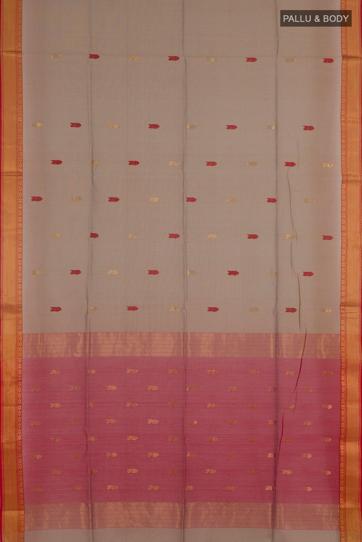 Flat view of Beige Blended Kora Cotton Saree with Zari And Thread Butta on the body and Zari Border. 
