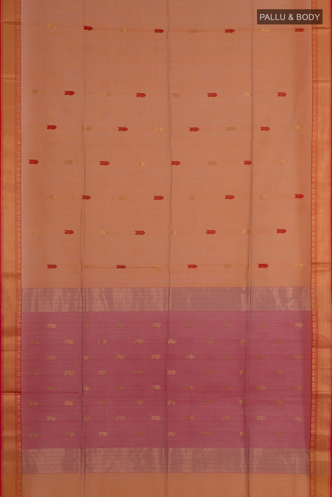 Flat view of Mustard Blended Kora Cotton Saree with Zari Butta on the body and Zari Border. 