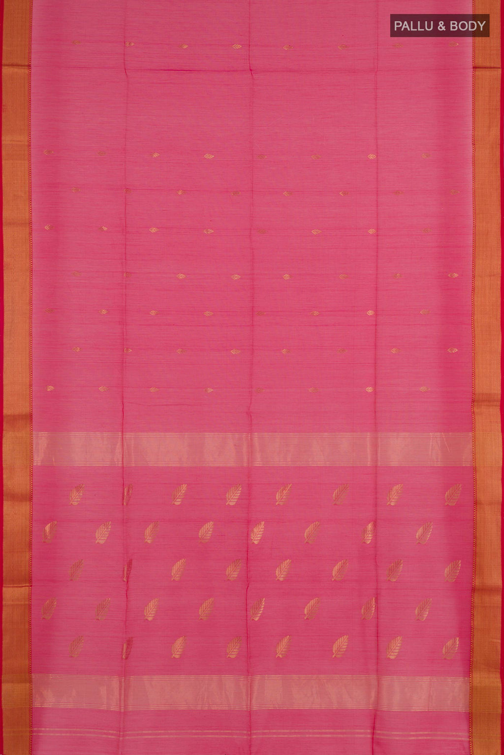 Flat view of Red Blended Kora Cotton Saree with Zari Butta on the body and Zari Border. 