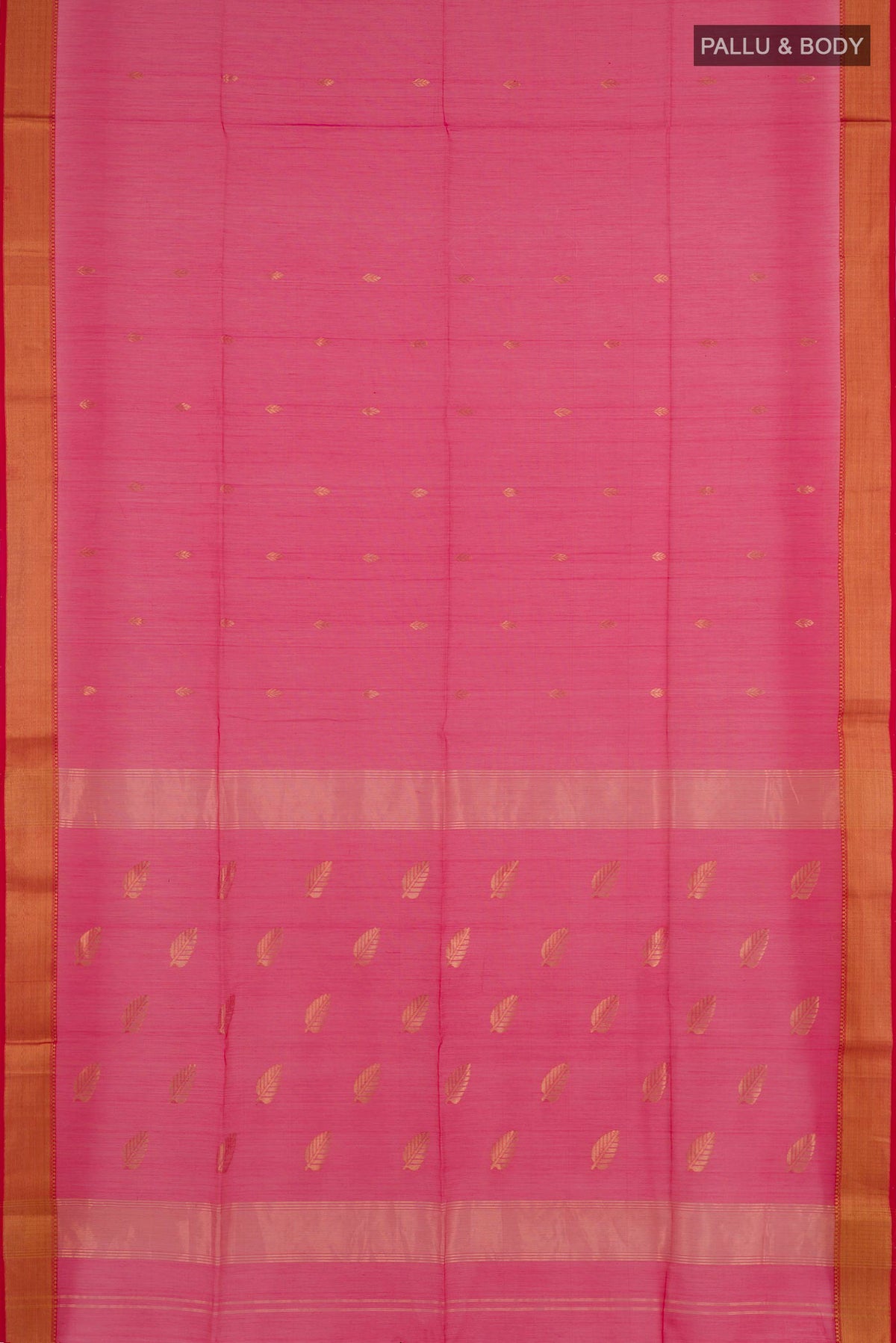 Flat view of Red Blended Kora Cotton Saree with Zari Butta on the body and Zari Border. 