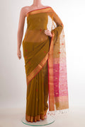 Mustard Blended Kora Cotton Saree with Zari And Thread Butta on the body and Zari Border.  displayed on a mannequin
