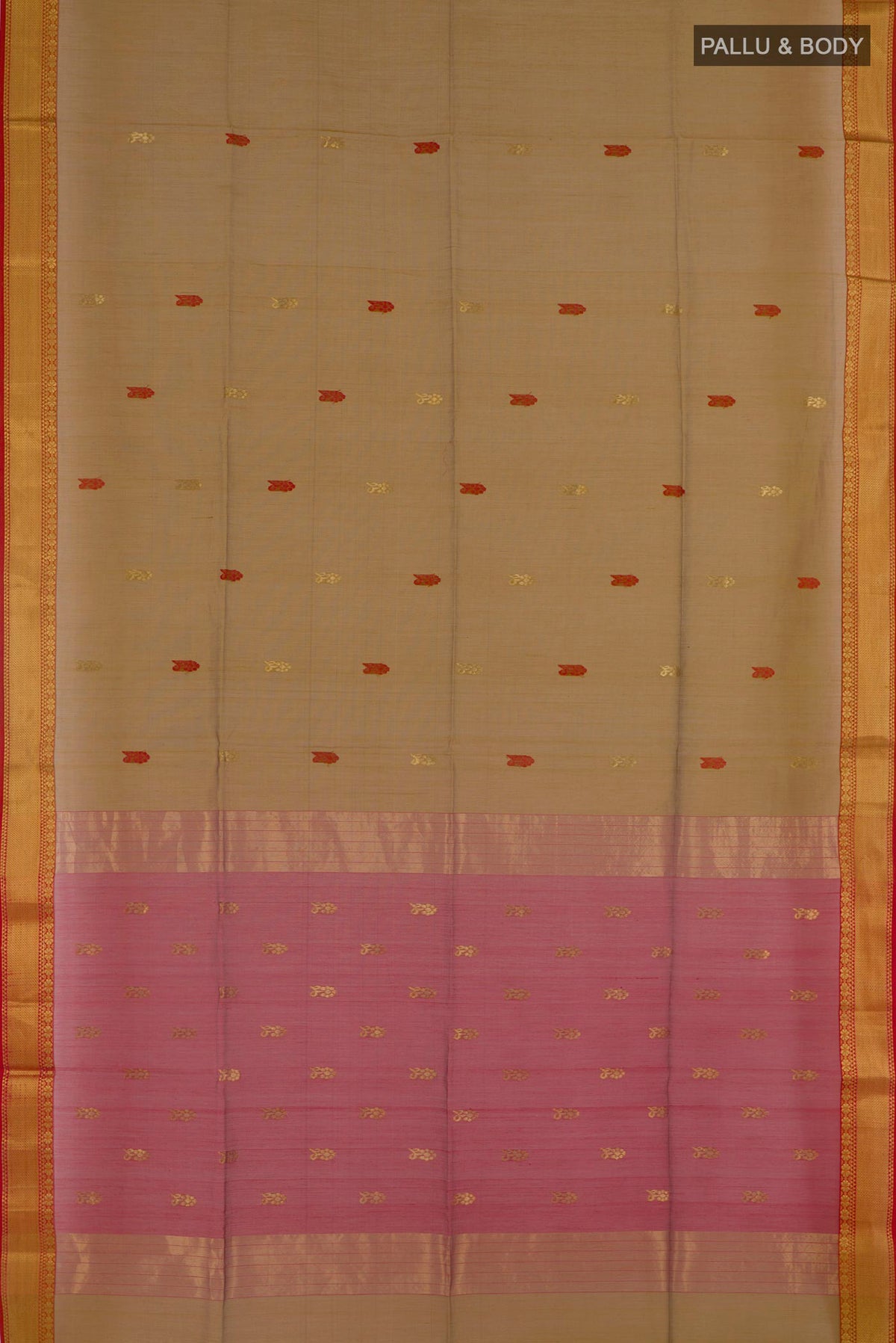 Flat view of Mustard Blended Kora Cotton Saree with Zari And Thread Butta on the body and Zari Border. 