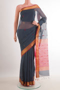 Grey Blended Kora Cotton Saree with Zari And Thread Butta on the body and Zari Border.  displayed on a mannequin