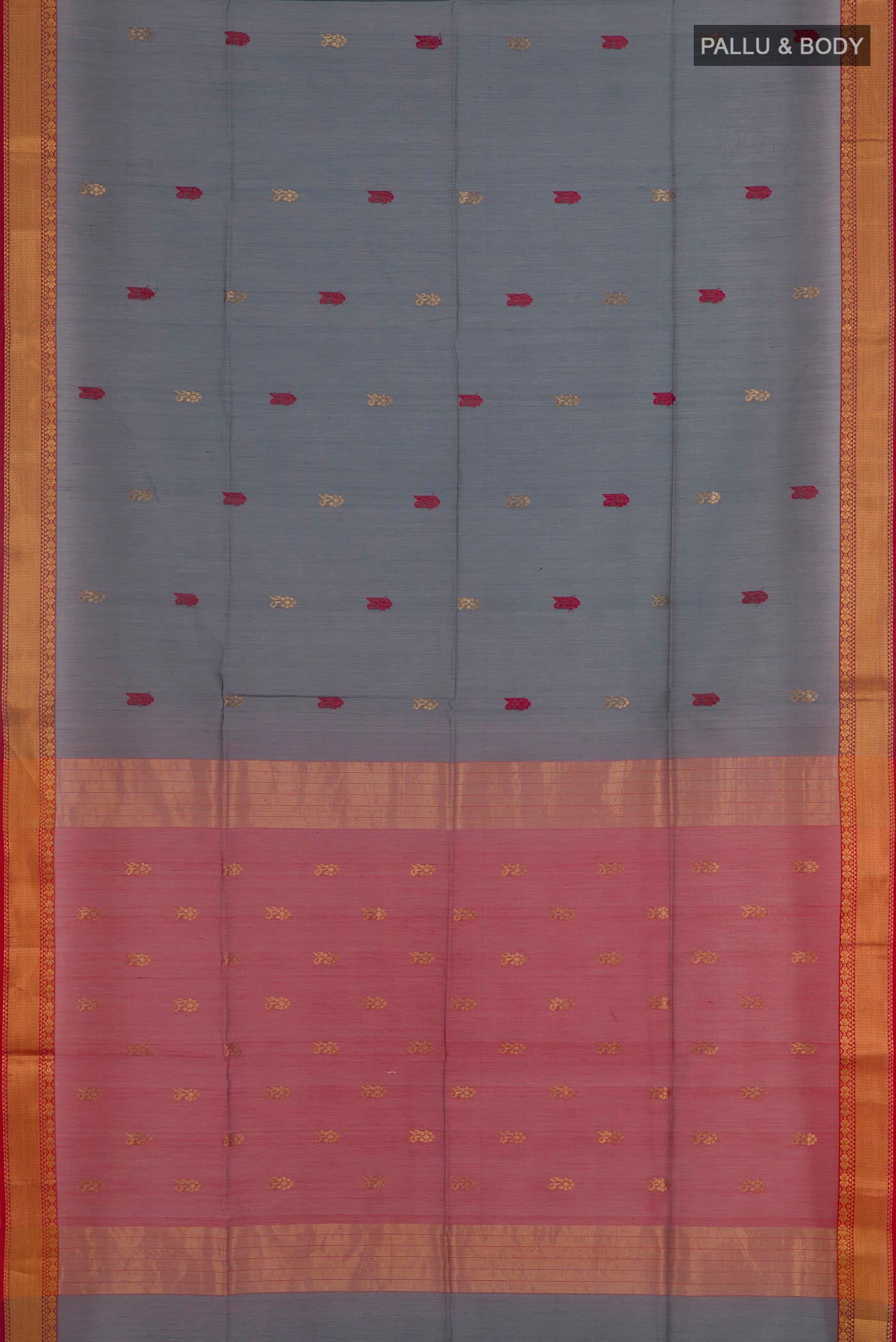 Flat view of Grey Blended Kora Cotton Saree with Zari And Thread Butta on the body and Zari Border. 