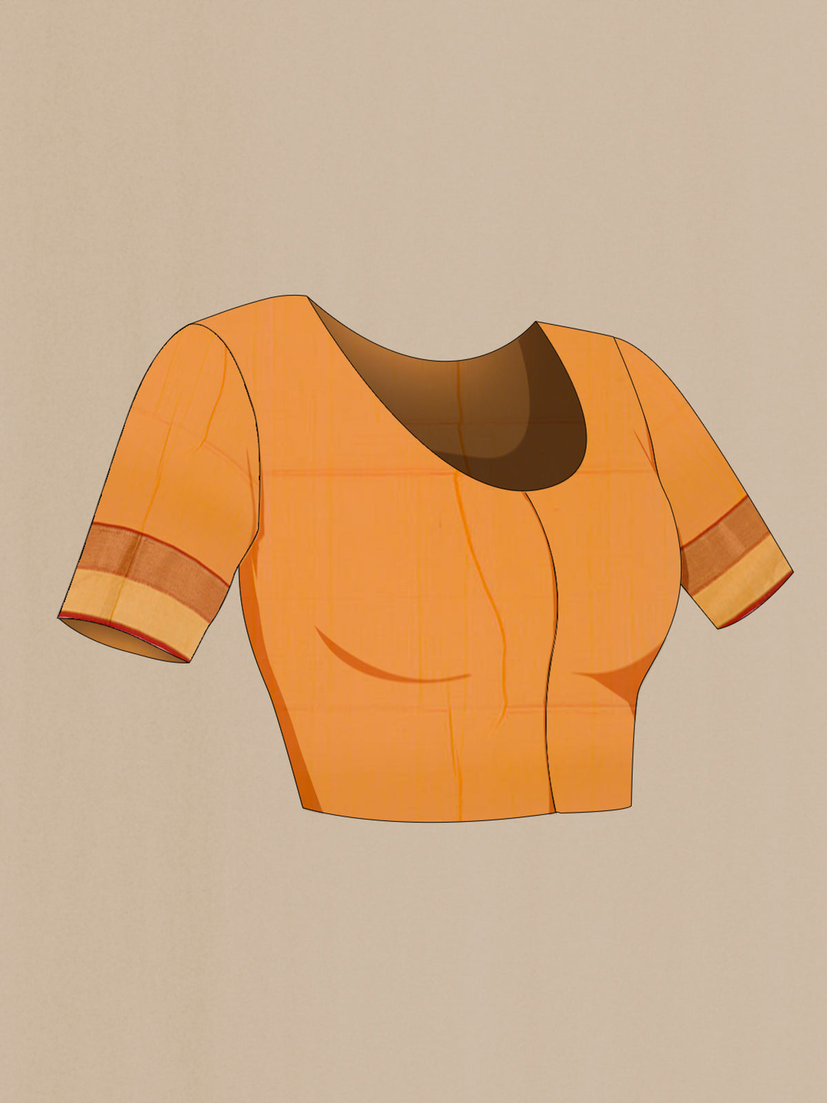 Close up image of the blouse of Mustard Blended Kora Cotton Saree with Zari And Thread Butta on the body and Zari Border. 