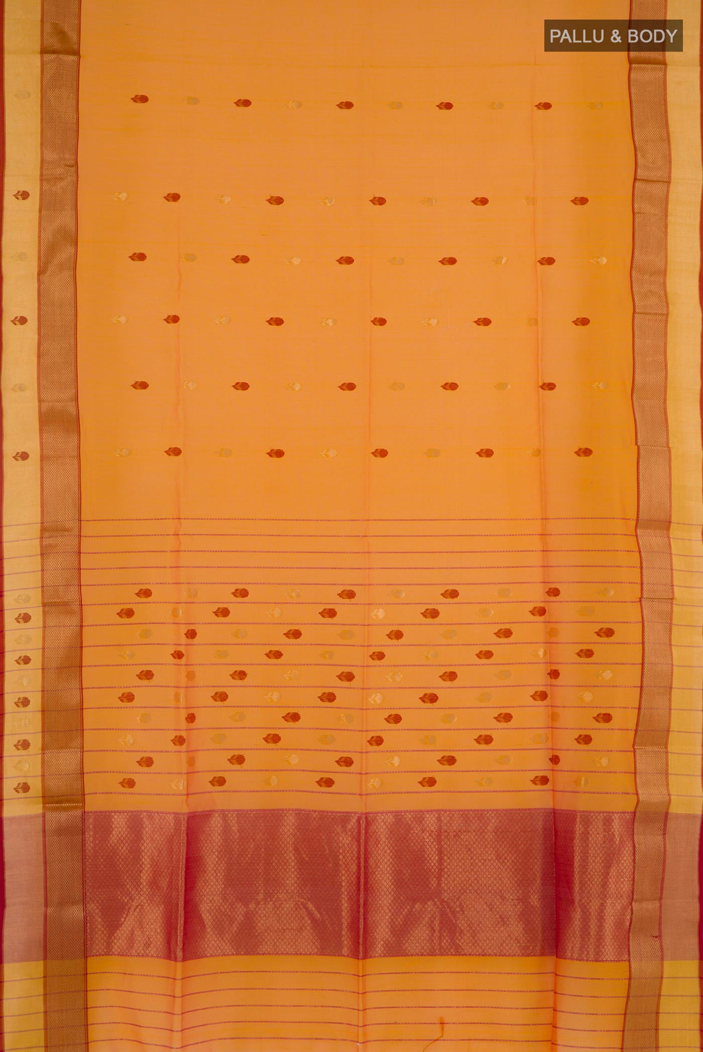 Flat view of Mustard Blended Kora Cotton Saree with Zari And Thread Butta on the body and Zari Border. 