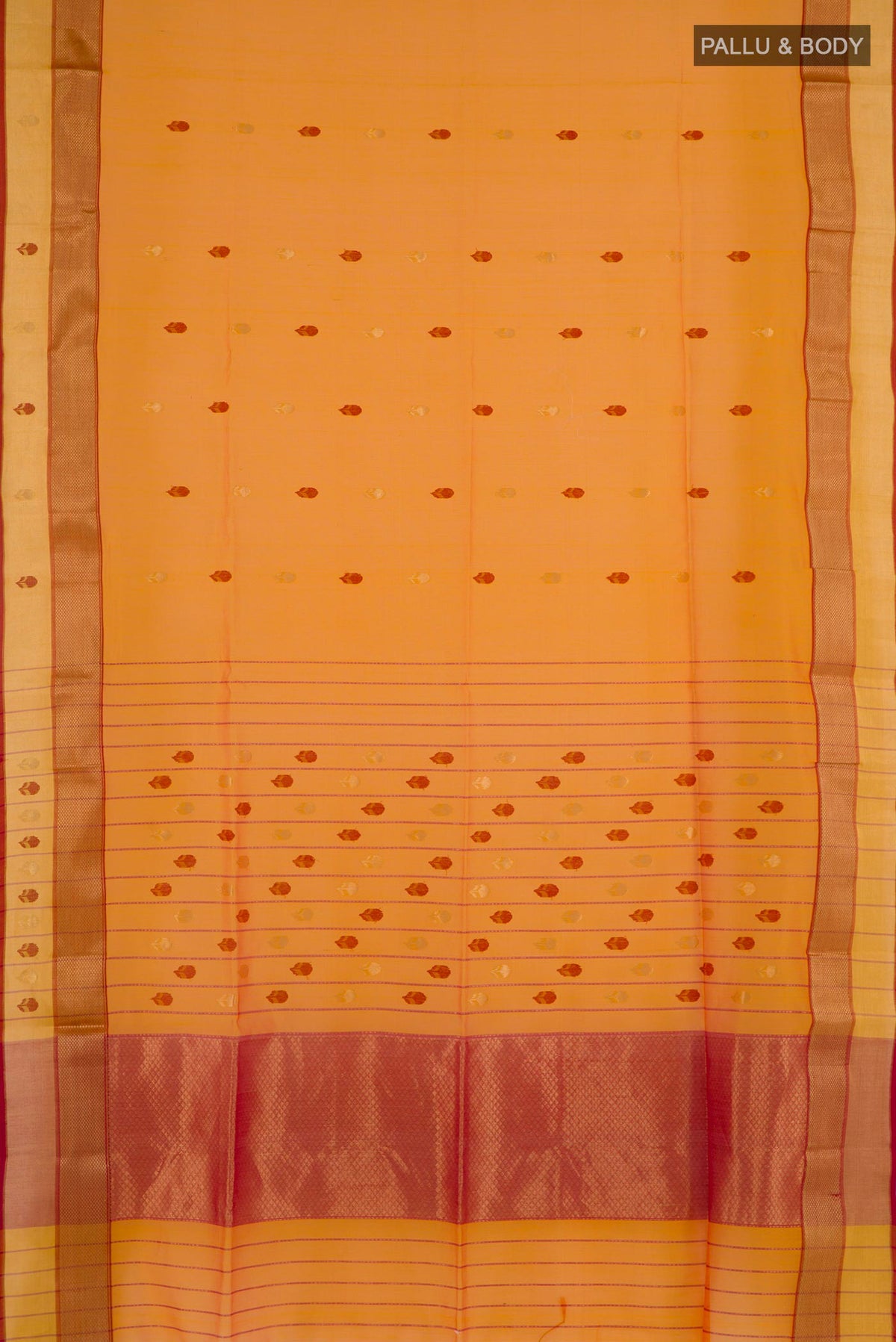 Flat view of Mustard Blended Kora Cotton Saree with Zari And Thread Butta on the body and Zari Border. 