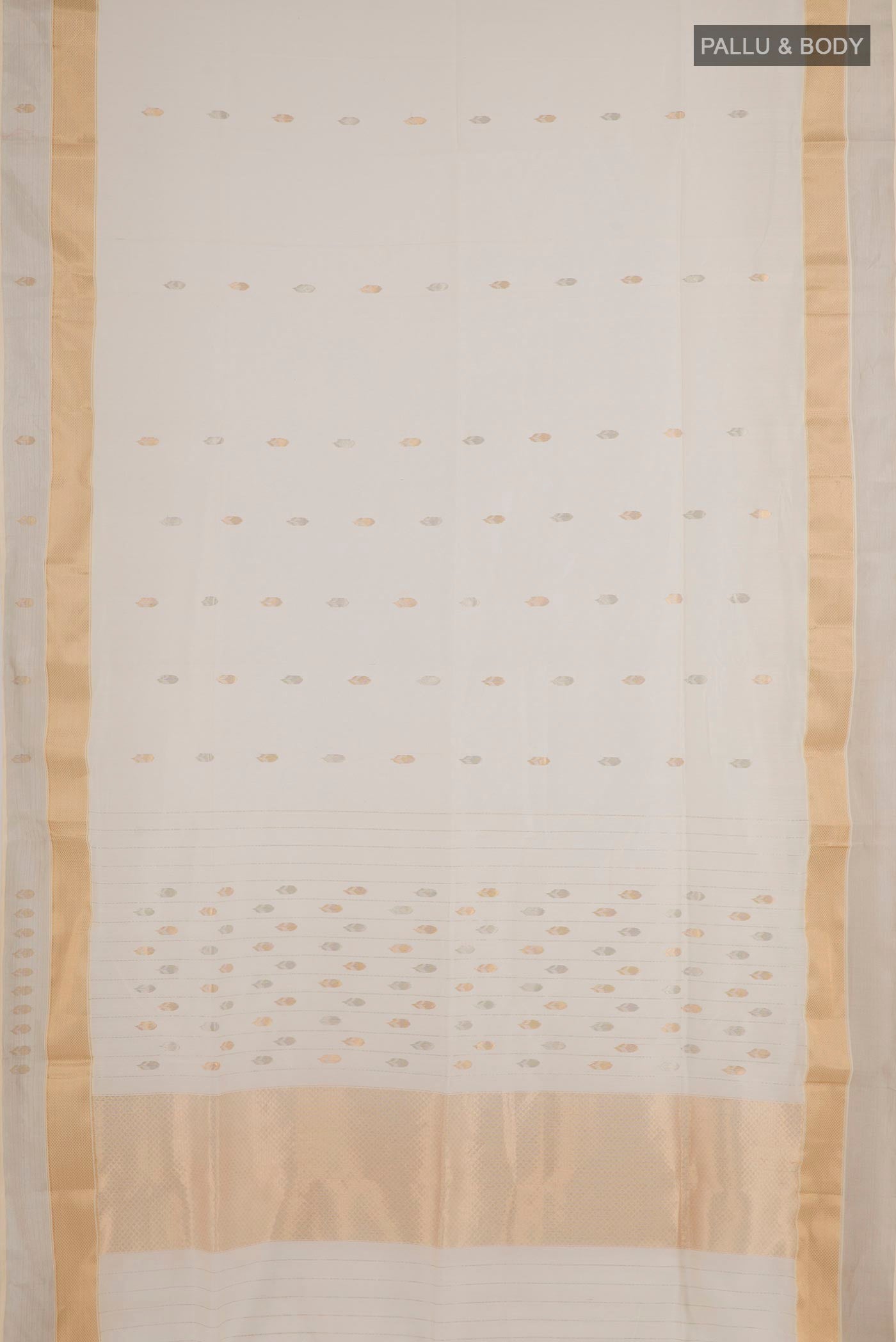 Flat view of White Blended Kora Cotton Saree with Zari Butta on the body and Zari Border. 