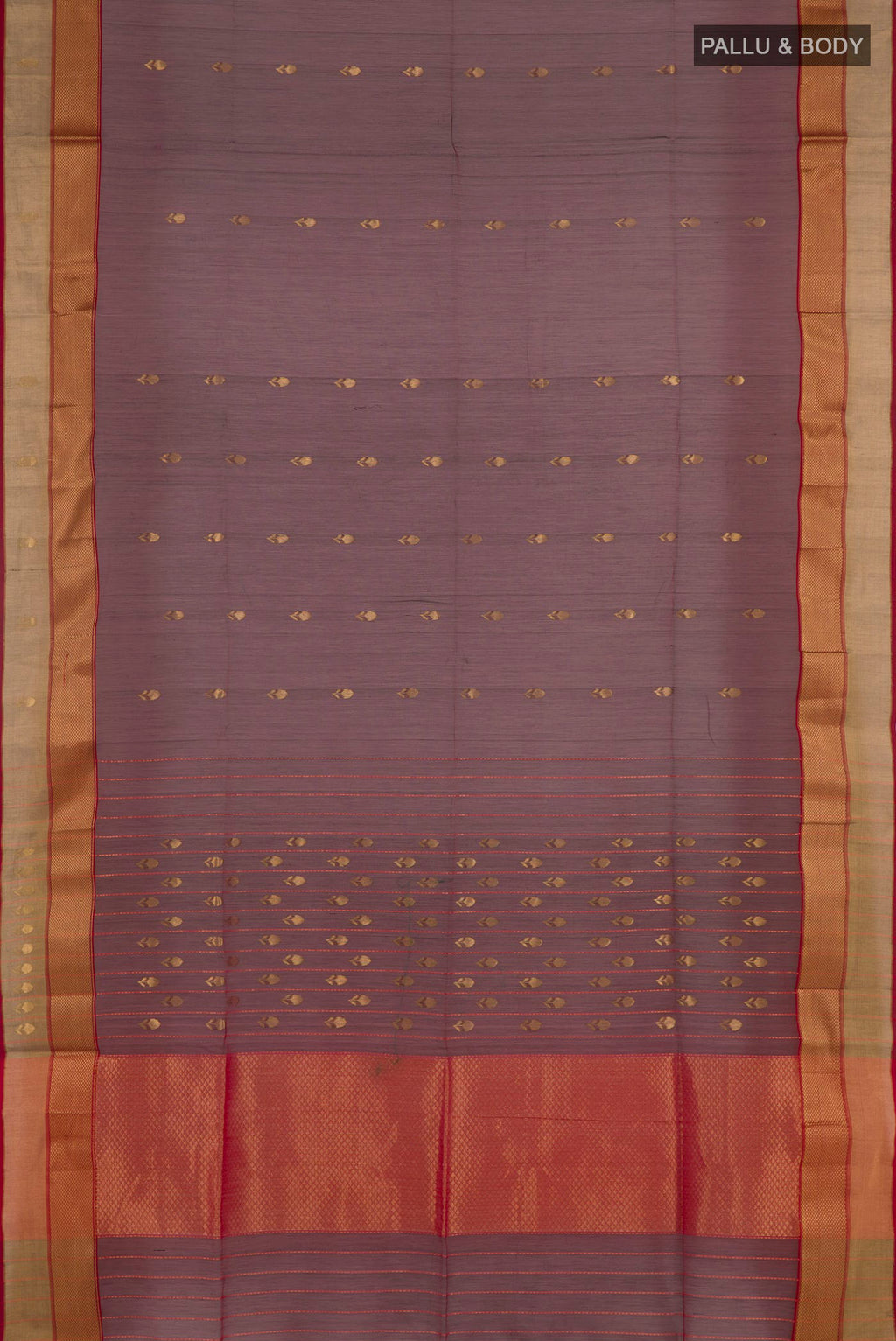 Flat view of Maroon Blended Kora Cotton Saree with Zari Butta on the body and Zari Border. 