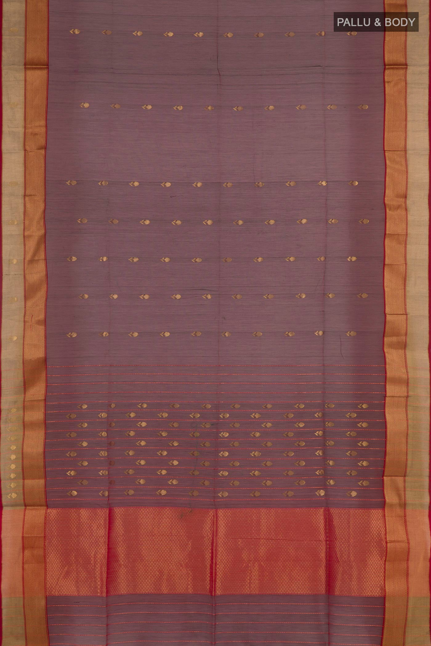 Flat view of Maroon Blended Kora Cotton Saree with Zari Butta on the body and Zari Border. 