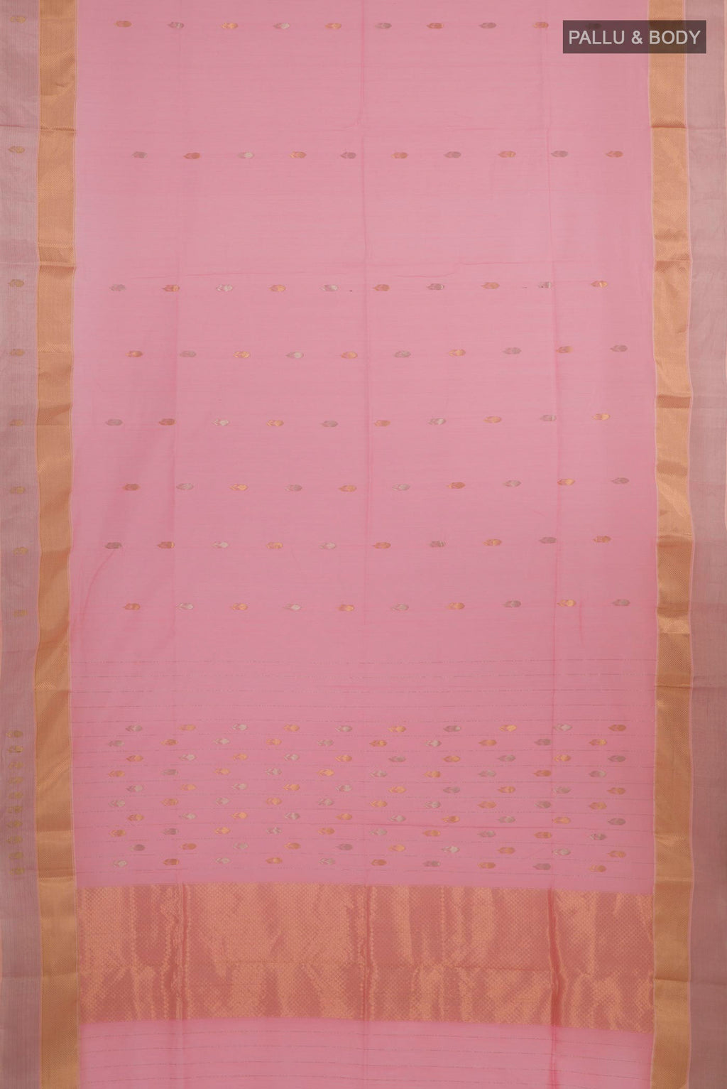 Flat view of Pink Blended Kora Cotton Saree with Zari Butta on the body and Zari Border. 