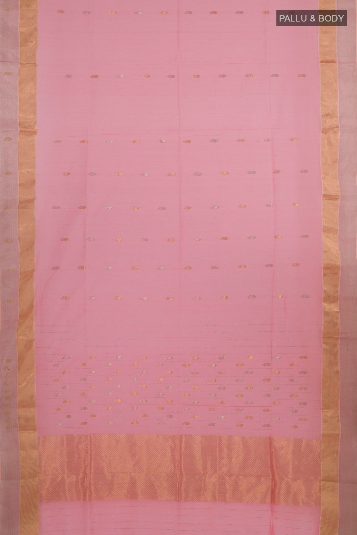 Flat view of Pink Blended Kora Cotton Saree with Zari Butta on the body and Zari Border. 
