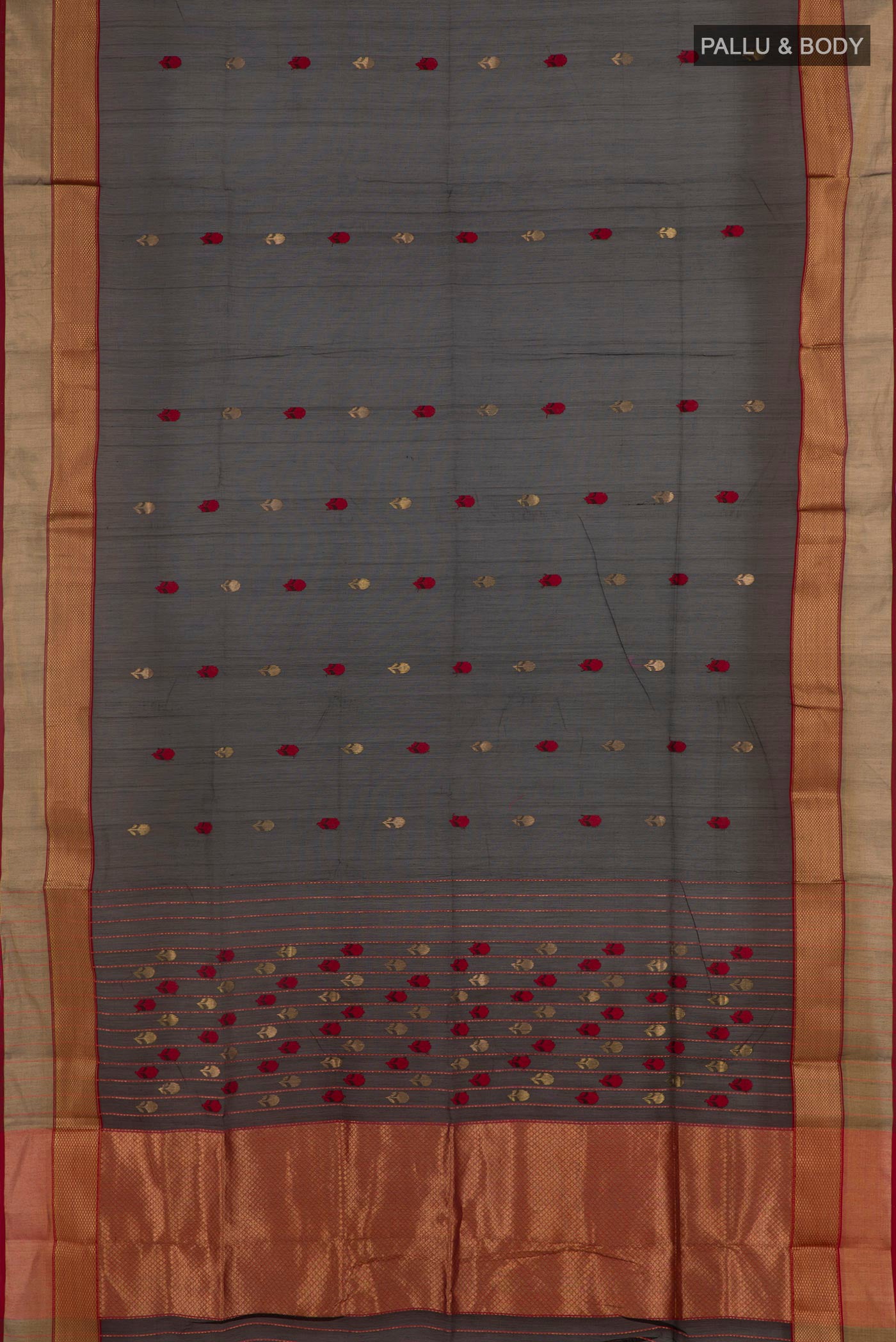 Flat view of Black Blended Kora Cotton Saree with Zari Butta on the body and Zari Border. 