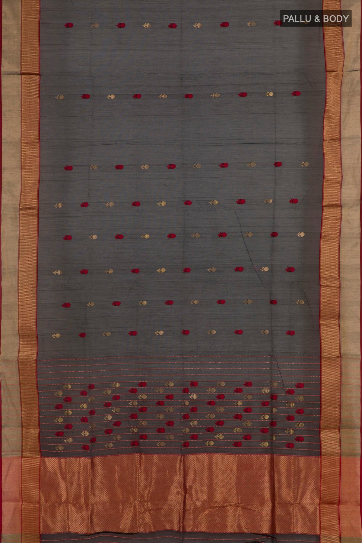 Flat view of Black Blended Kora Cotton Saree with Zari Butta on the body and Zari Border. 