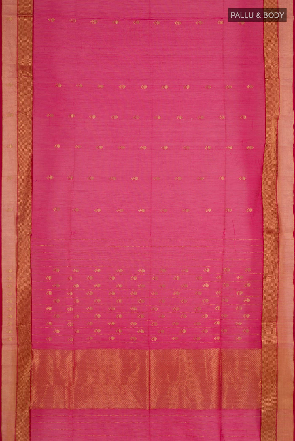 Flat view of Rani Pink Blended Kora Cotton Saree with Zari Butta on the body and Zari Border. 