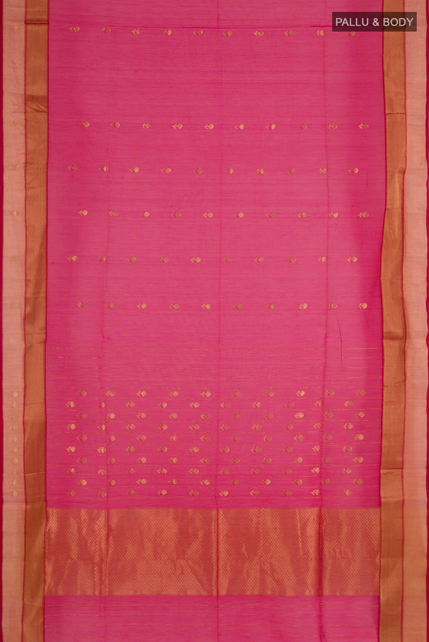 Flat view of Rani Pink Blended Kora Cotton Saree with Zari Butta on the body and Zari Border. 