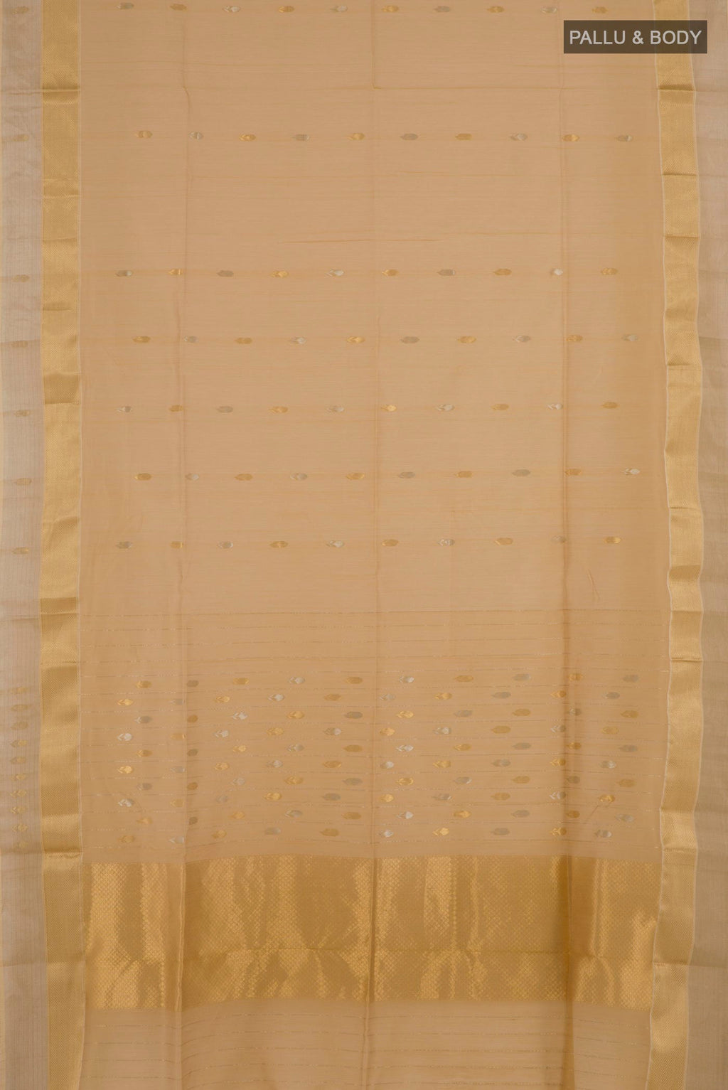 Flat view of Beige Blended Kora Cotton Saree with Zari And Thread Butta on the body and Zari Border. 