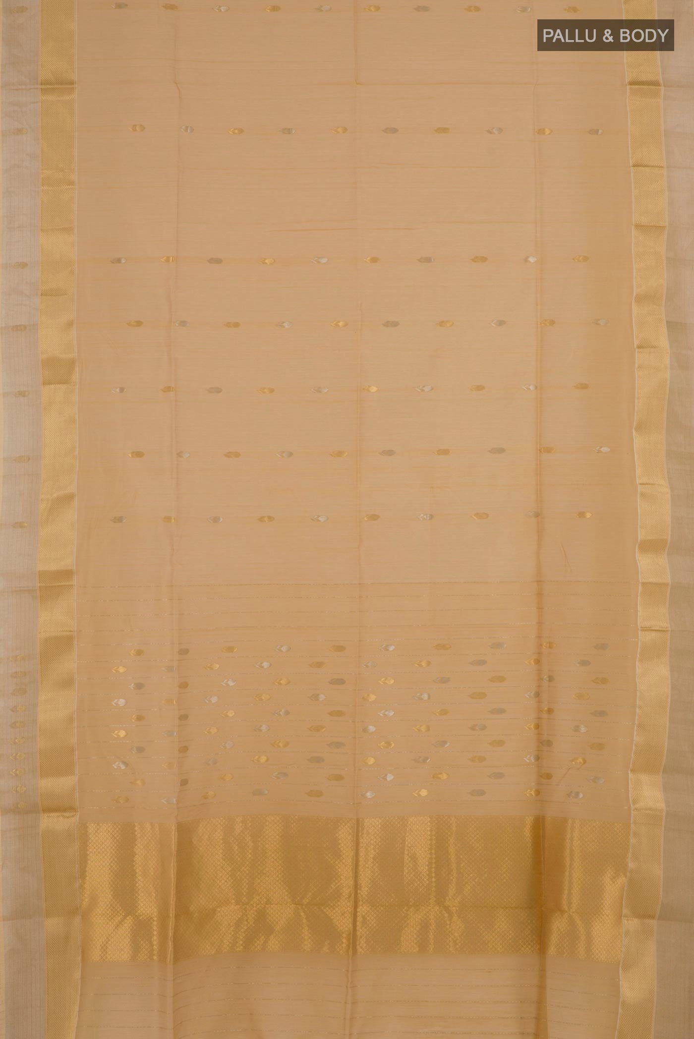 Flat view of Beige Blended Kora Cotton Saree with Zari And Thread Butta on the body and Zari Border. 