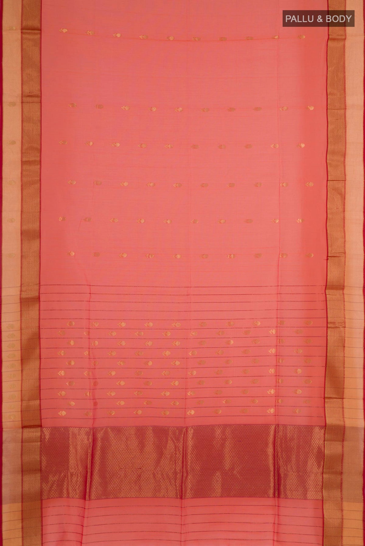 Flat view of Peach Blended Kora Cotton Saree with Zari Butta on the body and Zari Border. 
