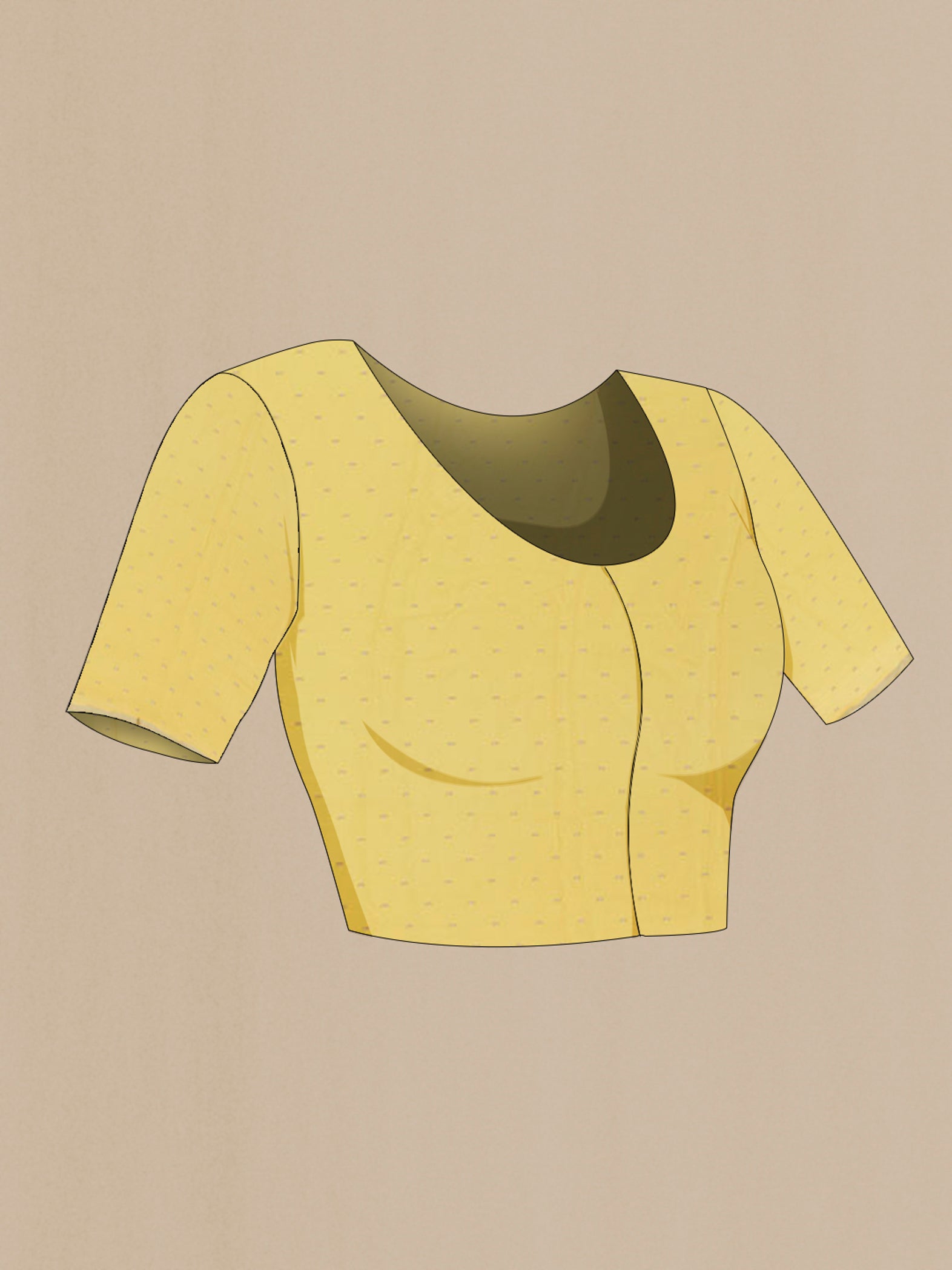 Close up image of the blouse of Yellow Chiffon Saree with Zari Butta on the body and Zari Border. 