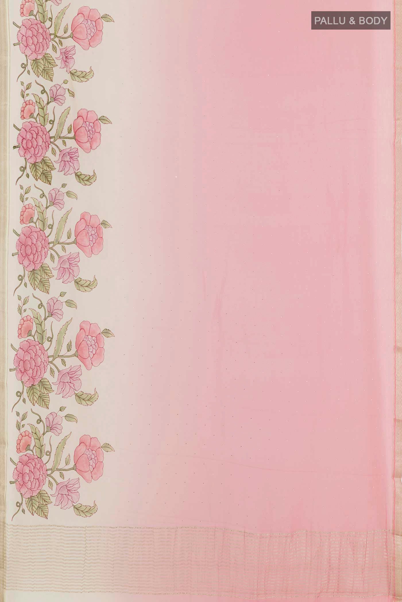 Flat view of Pink Chiffon Saree with Zari Butta on the body and Zari Border. 