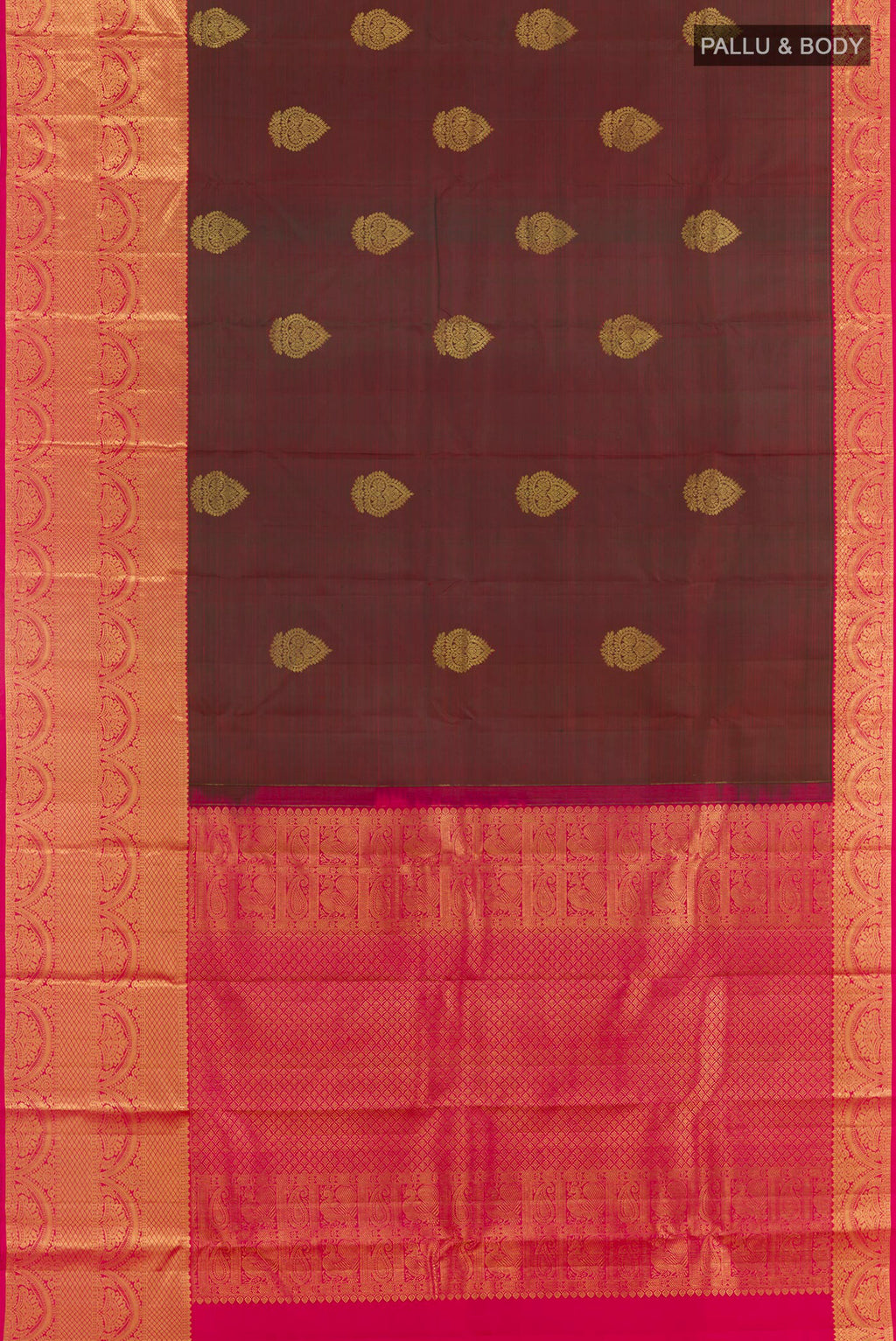 Flat view of Maroon Kanchipuram Silk Saree with Zari Butta on the body and Zari Border. 