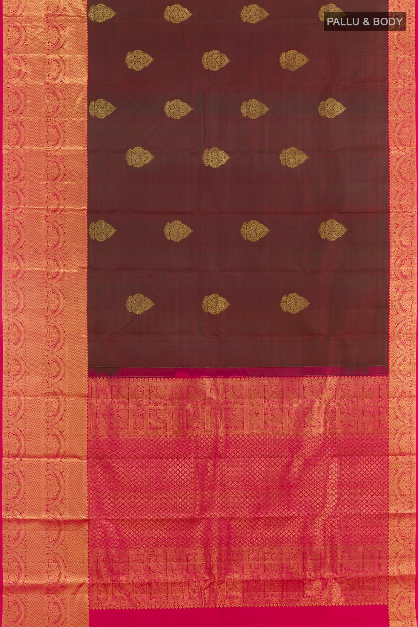 Flat view of Maroon Kanchipuram Silk Saree with Zari Butta on the body and Zari Border. 