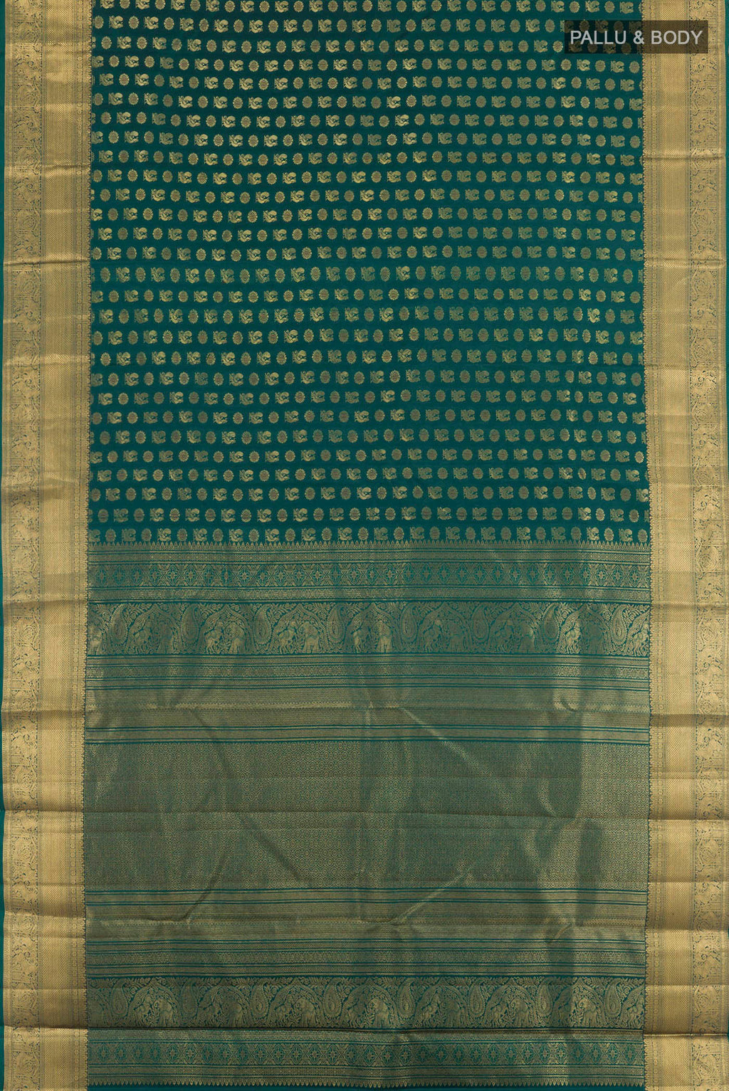 Flat view of Bottle Green Kanjivaram Silk Saree with Zari Butta on the body and Zari Border. 
