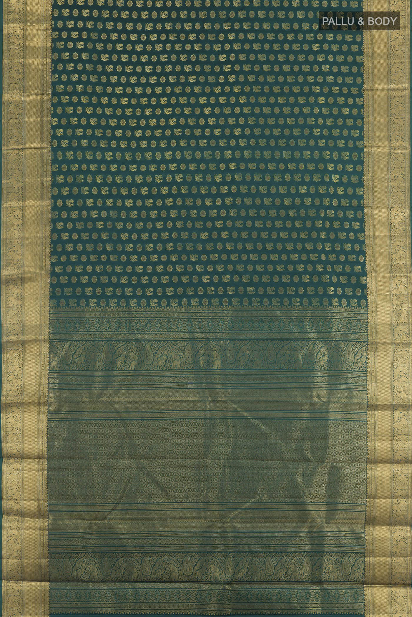 Flat view of Bottle Green Kanjivaram Silk Saree with Zari Butta on the body and Zari Border. 