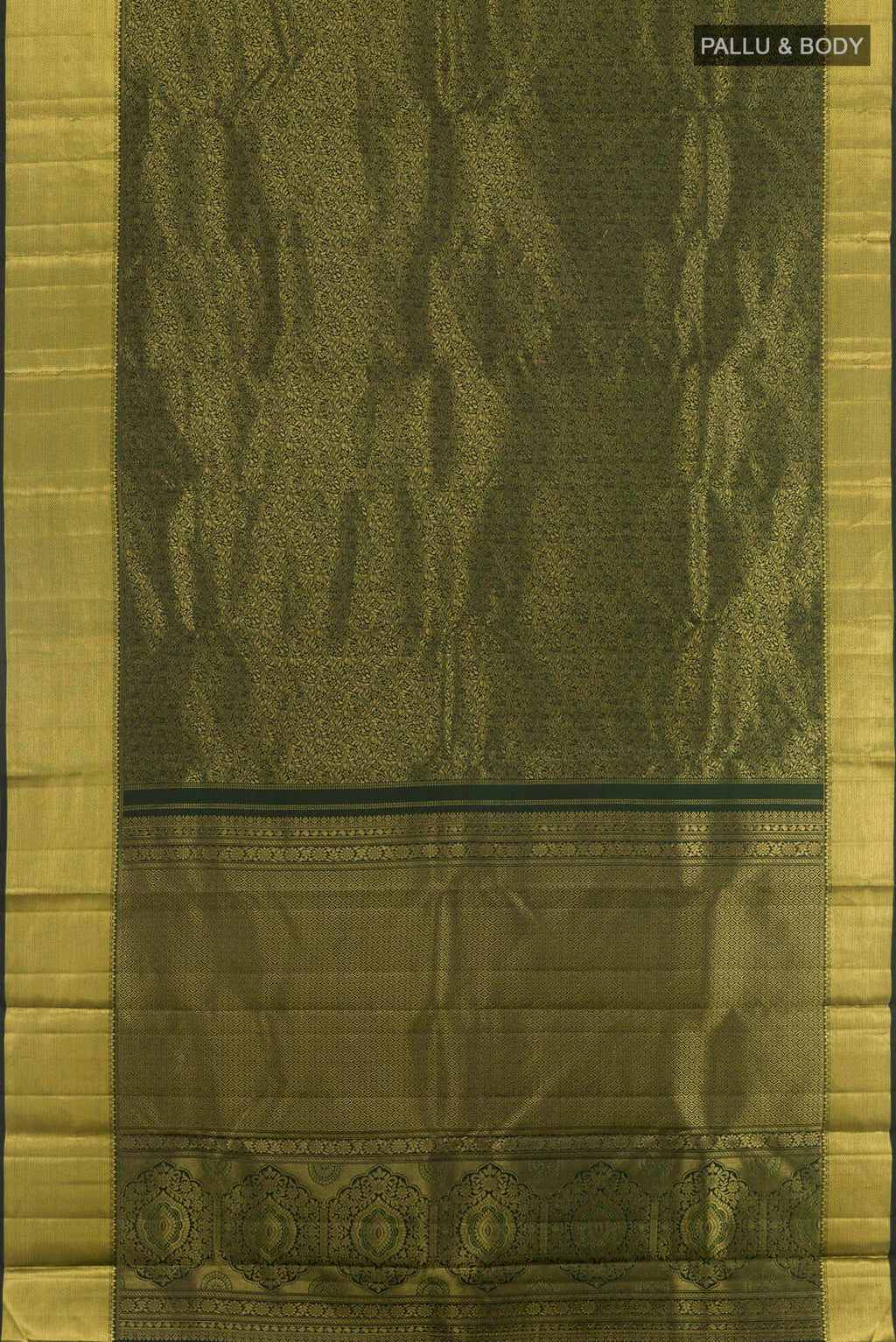 Flat view of Bottle Green Kanjivaram Silk Saree with Zari Brocade on the body and Zari Border. 