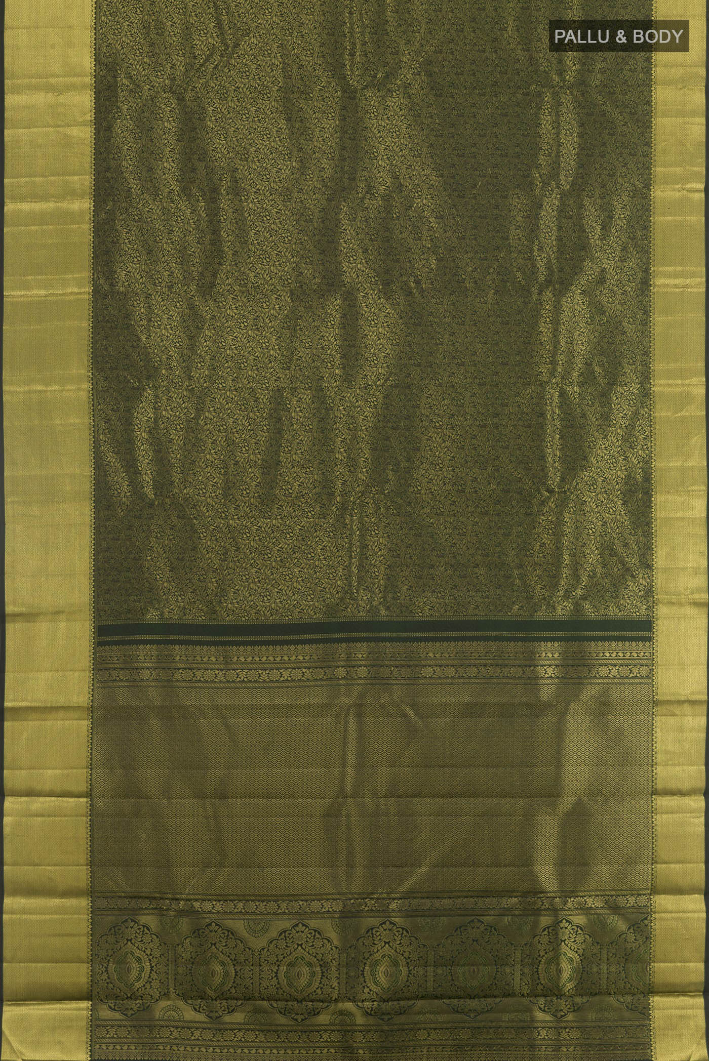 Flat view of Bottle Green Kanjivaram Silk Saree with Zari Brocade on the body and Zari Border. 