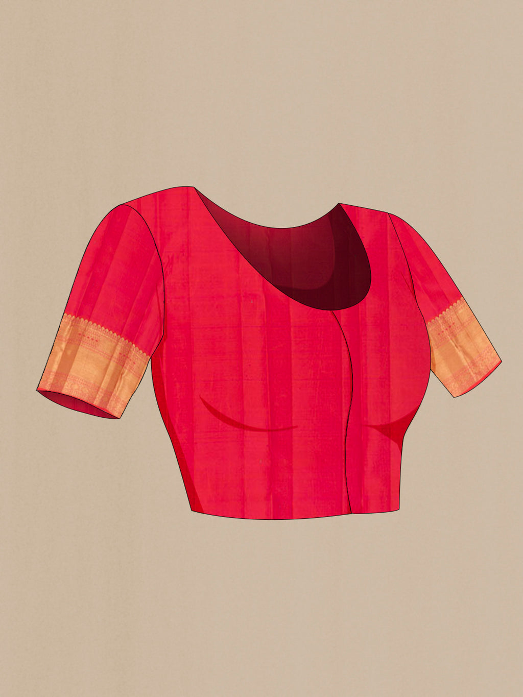 Close up image of the blouse of Orange Kanjivaram Silk Saree with Zari Butta on the body and Zari Border. 