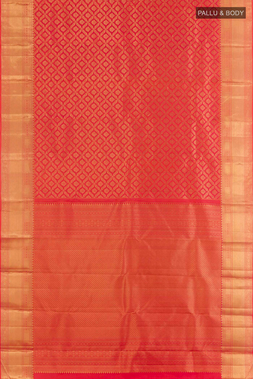 Flat view of Orange Kanjivaram Silk Saree with Zari Butta on the body and Zari Border. 