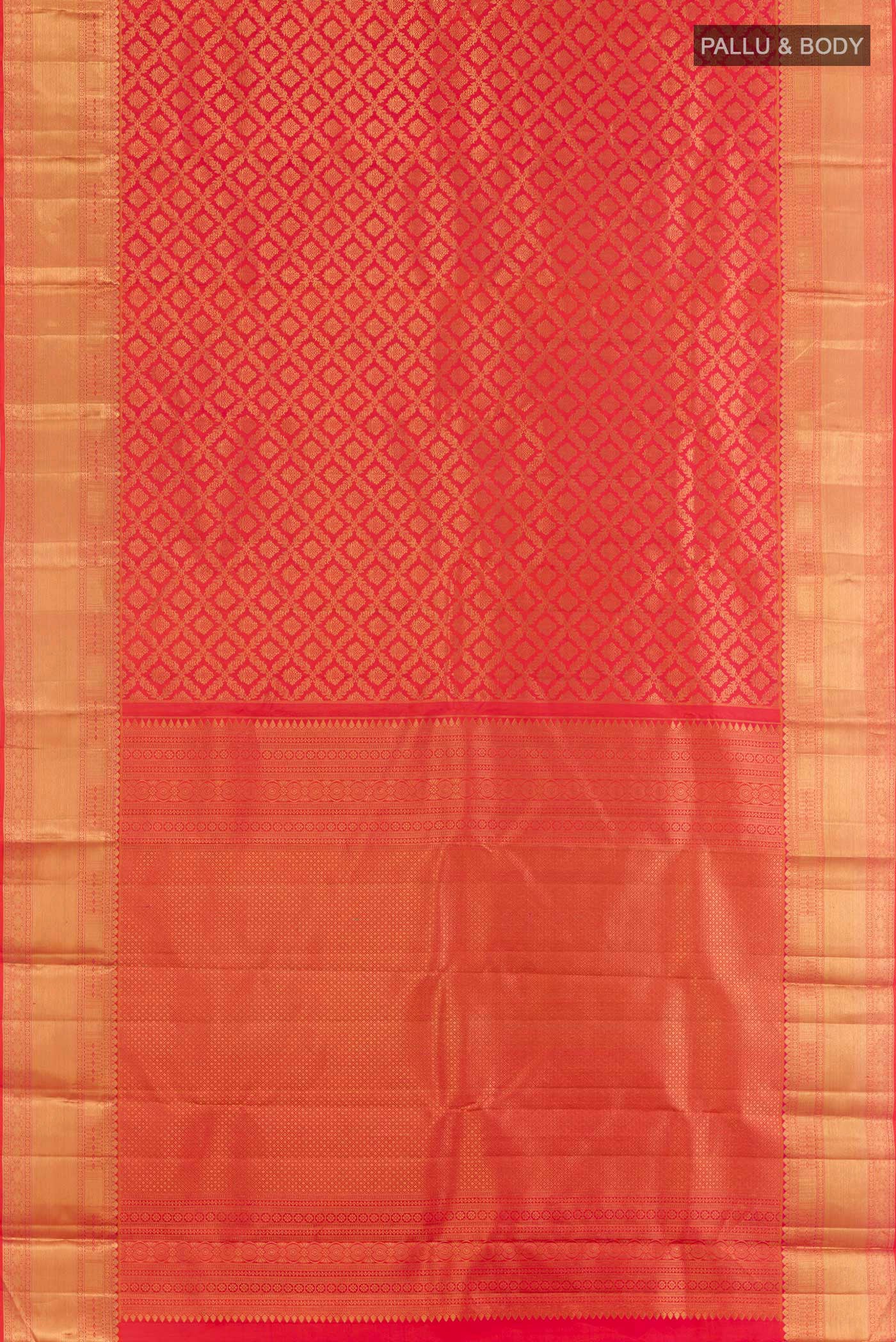 Flat view of Orange Kanjivaram Silk Saree with Zari Butta on the body and Zari Border. 