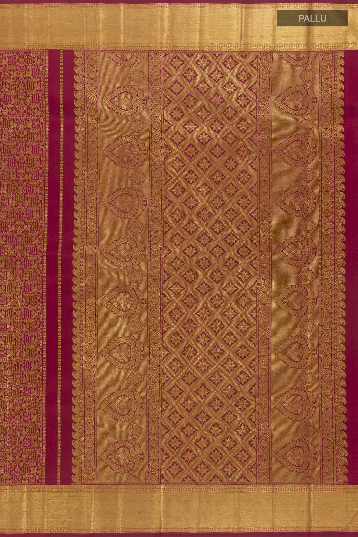 Close up image of the pallu of Maroon Kanchipuram Silk Saree with Zari Brocade on the body and Zari Border. 