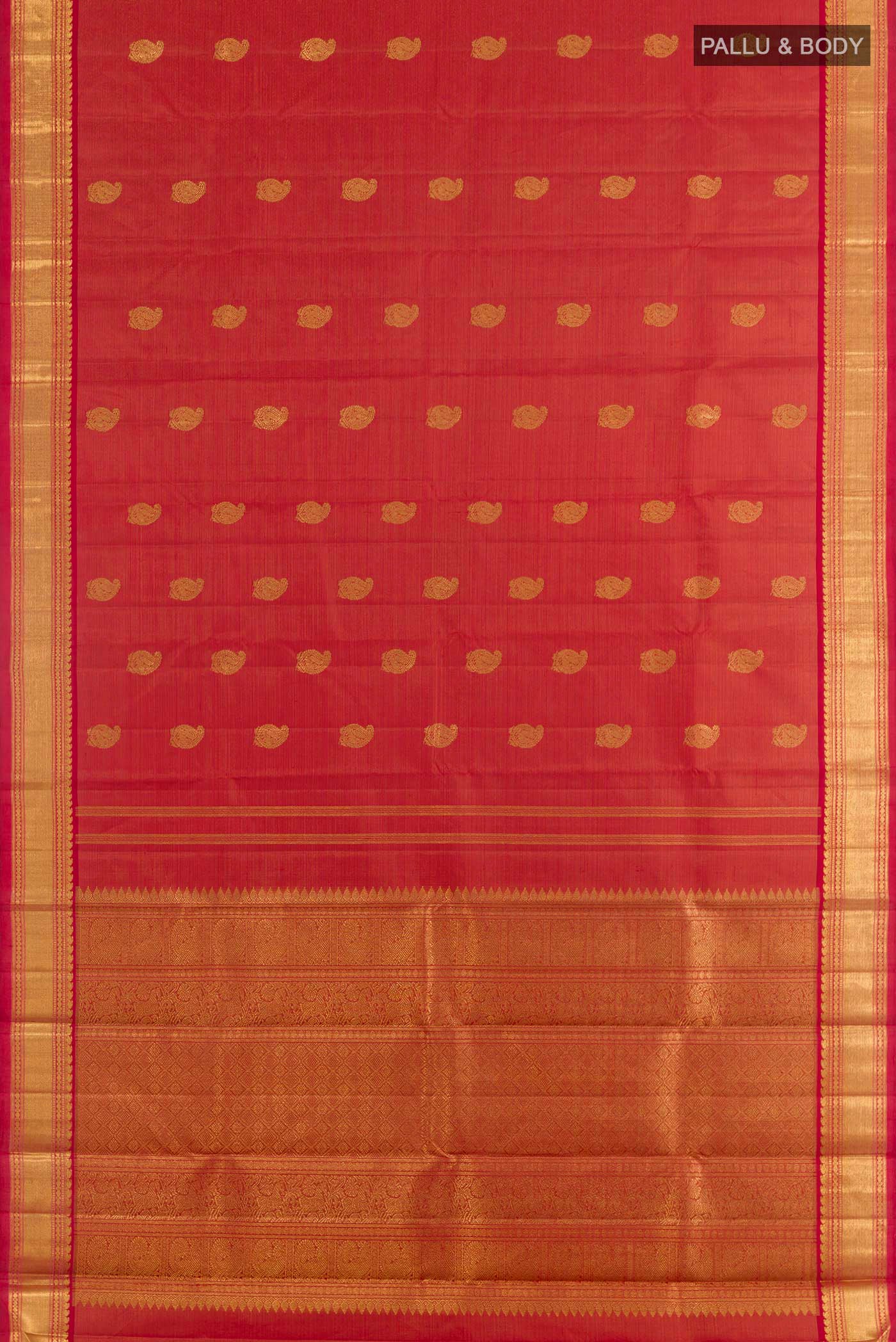 Flat view of Red Kanchipuram Silk Saree with Zari Butta on the body and Zari Border. 