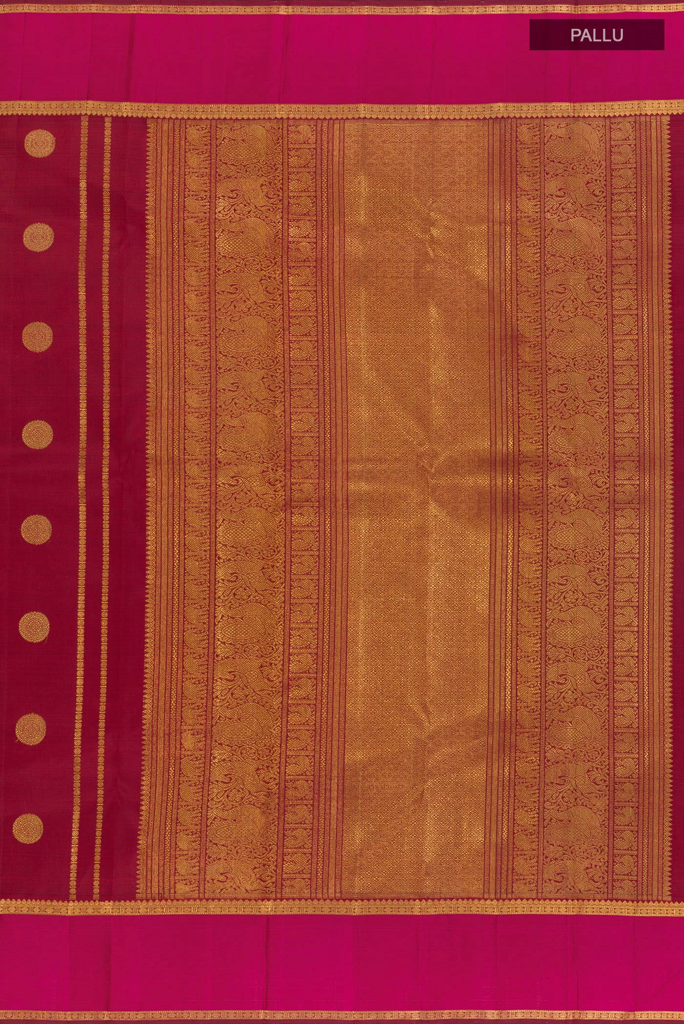 Close up image of the pallu of Maroon Kanjivaram Silk Saree with Zari Butta on the body and Zari Border. 
