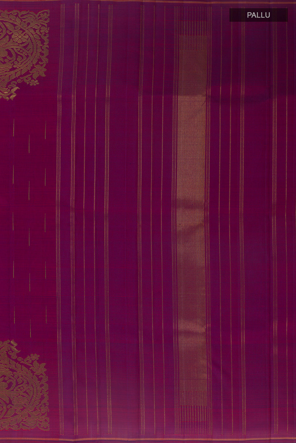 Close up image of the pallu of Pure Silk Pure Zari Purple Kanjivaram Saree with Zari Butta on the body and Thin Zari Line. 